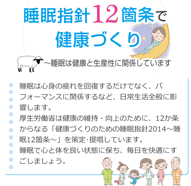 睡眠指針12箇条で健康づくり～睡眠は健康と生産性に関係しています　睡眠は心身の疲れを回復するだけでなく、パフォーマンスに関係するなど、日常生活全般に影響します。厚生労働省は健康の維持・向上のために、12か条からなる「健康づくりのための睡眠指針2014～睡眠12箇条」を策定･提唱しています。睡眠で心と体を良い状態に保ち、毎日を快適にすごしましょう。